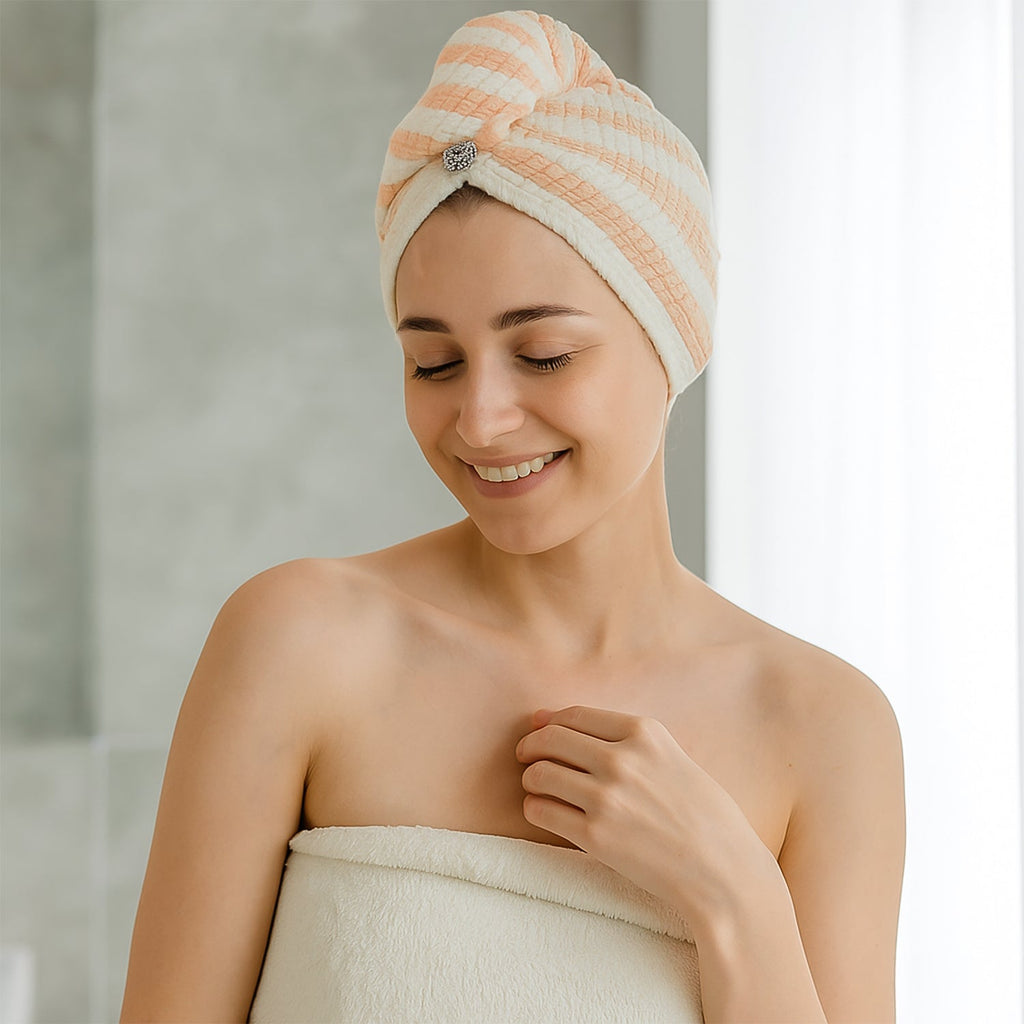 Soft Microfiber Hair Drying Towel Wrap with Cute Teddy Bear Button (1 Pc)