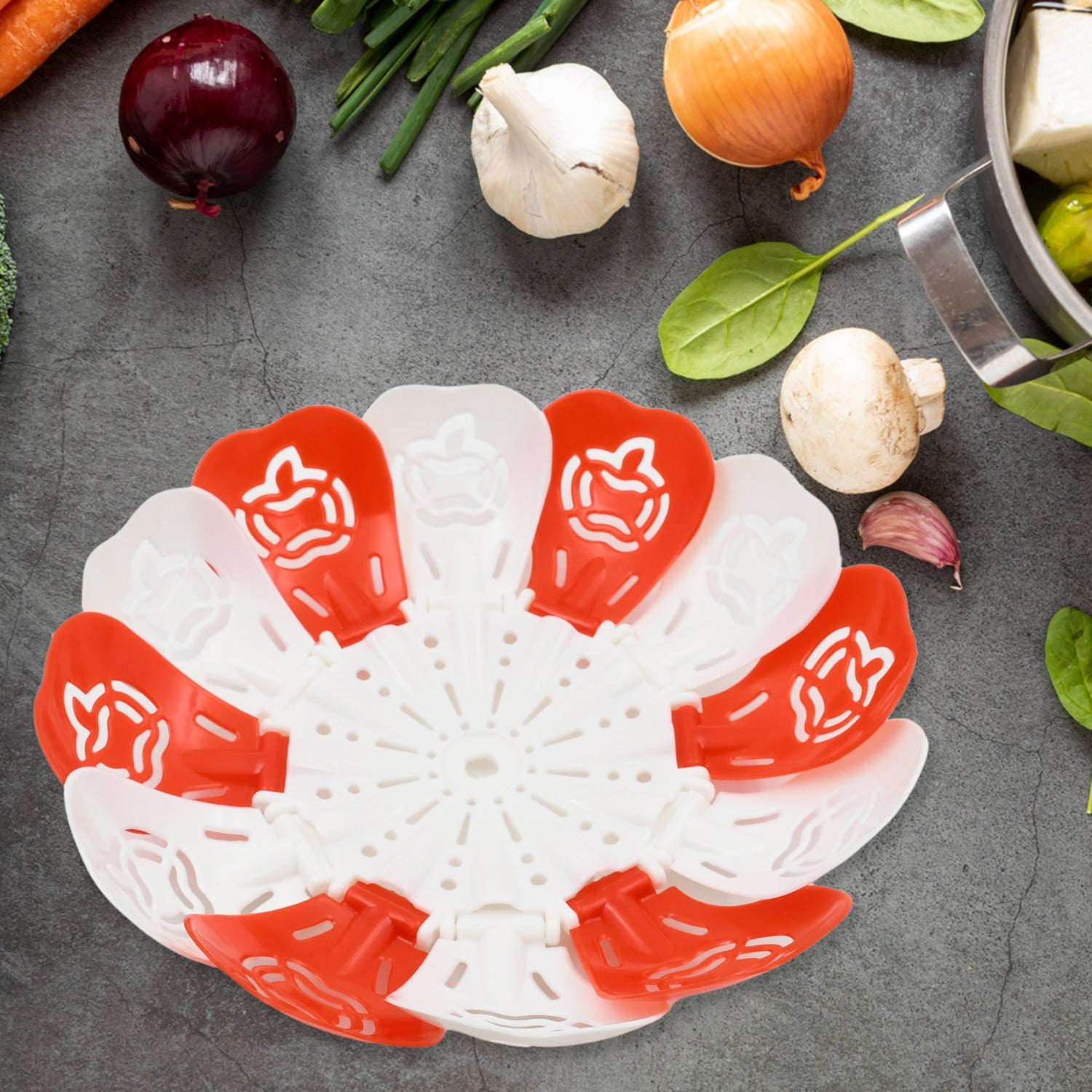 Folding Fruit Basket with Hanging Stand – Lotus Shape Tray for Fruits & Vegetables (1 Pc)