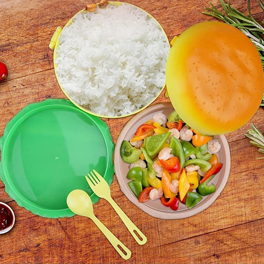 Burger Shape Lunch Box – Double Layer 1000ml Food Container with 2 Spoons for Kids
