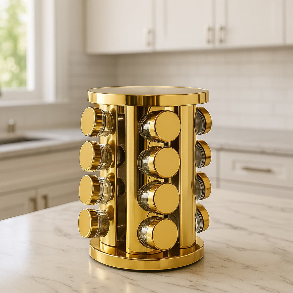 LED Spice Rack Organizer, Rotating Spice Rack with Free 16 Seasoning Jars, Revolving Tower Organizer Stainless Steel for Kitchen Storage (Golden / 16 Pc / MOQ - 6 pc)