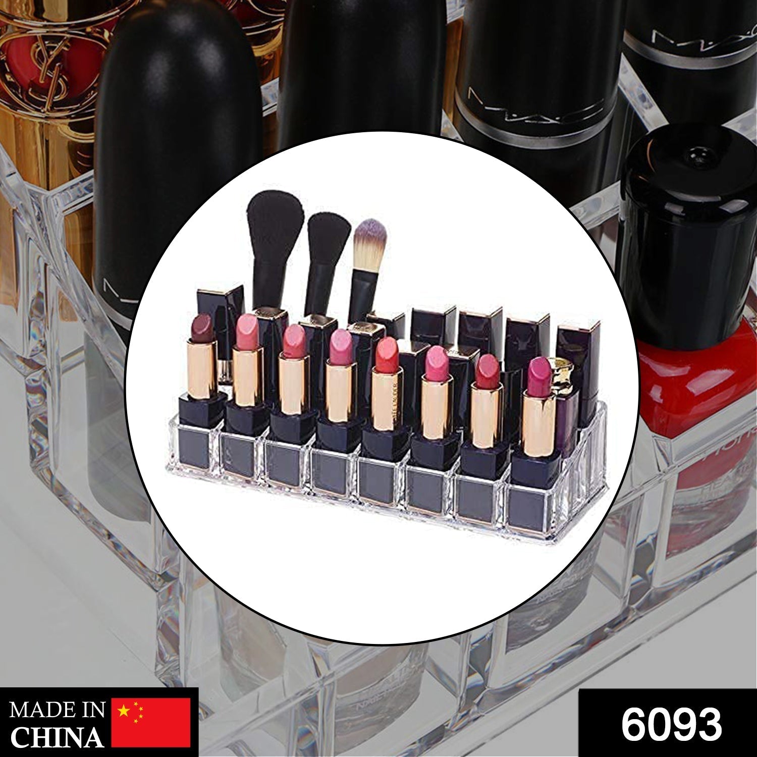 Close-up of the 24-section acrylic cosmetics stand, highlighting the Pickship compartments